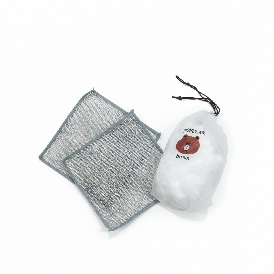 Combo Deal – 2 Pcs Metal Wire Cleaning Cloths with 1 Bear Design Food Cover Packet - Image 2