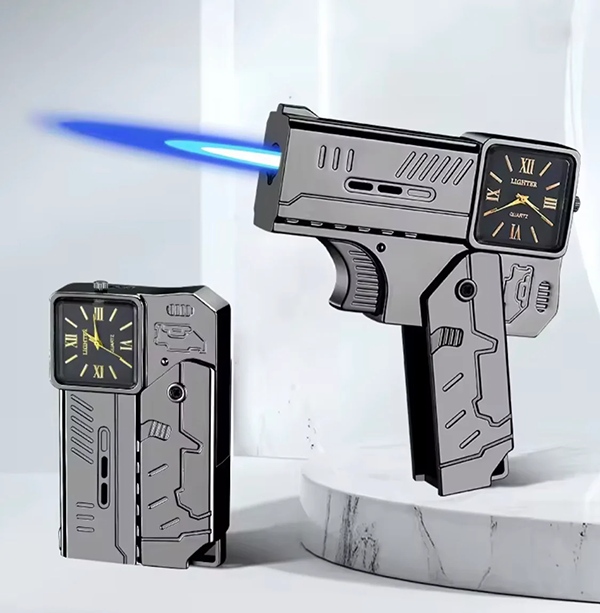 Mini Pocket Size Gun Shape Folding Lighter with Analog Display Clock | Windproof Refillable Lighter | Gift for Men