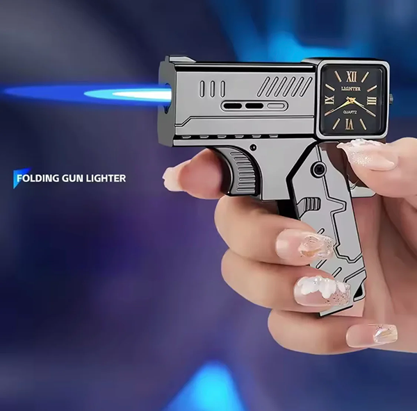 Mini Pocket Size Gun Shape Folding Lighter with Analog Display Clock | Windproof Refillable Lighter | Gift for Men - Image 3