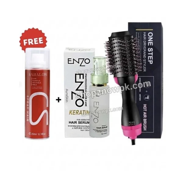 3 in 1 Hair Care Deal – One Step Hair Dryer Brush, Enzo Hair Serum & Free Hair Spray